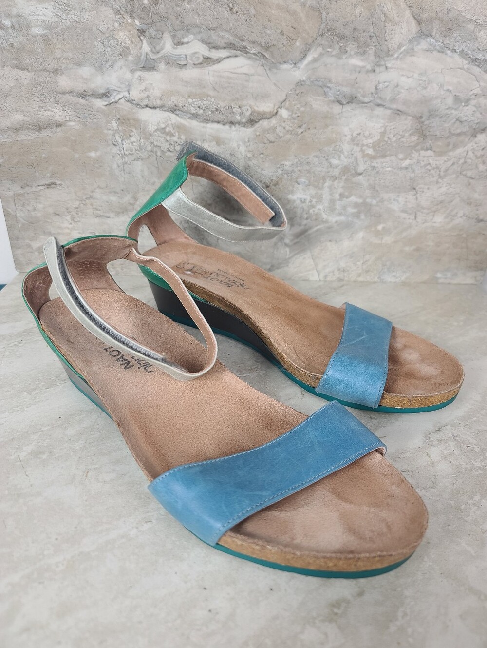 Naot PIXIE Blue Green Silver Pewter Colorblock Leather Wedge Sandals 9 - Picture 6 of 14